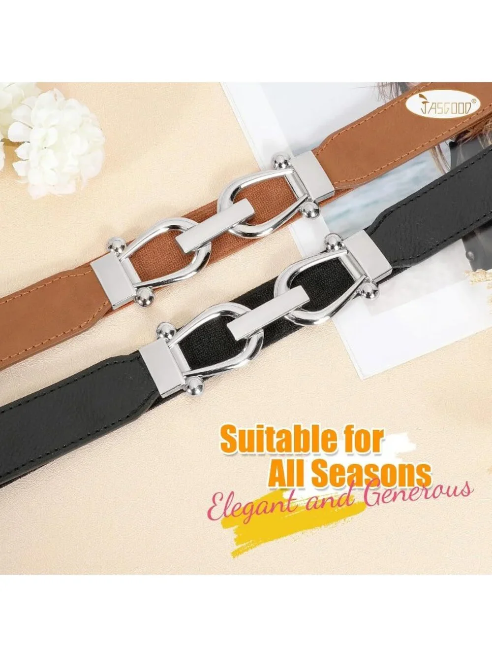 Women's Black Brown Retro Stretch Adjustable Belt 2-Pcs With Silver Buckle